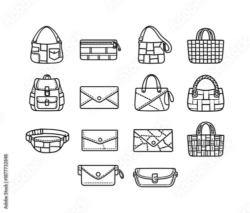 Upcycled Fashion Icons. Sustainable and upcycled fashion accessories. Line icon set of upcycled bags and pouches: denim patch bag, tire-tube pouch, fabric