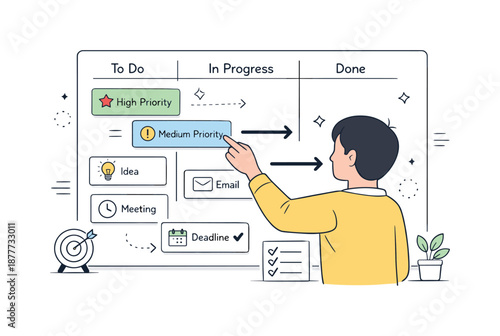 Task Management Illustration. Productivity planning. A person arranging task cards and priorities on a board. Clear structure and motivation, simple arrows and