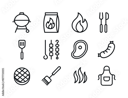 Barbecue Icon Set. Barbecue cooking. Line icon set of Barbecue cooking: grill, charcoal bag, fire flame, tongs, spatula, skewers, meat steak, sausage, burger