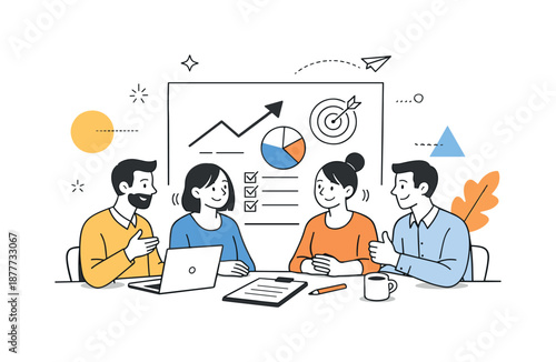 Unity in Strategy. Strategy meeting alignment. Team members nodding and agreeing on a plan, sense of unity and shared direction with abstract shapes around.