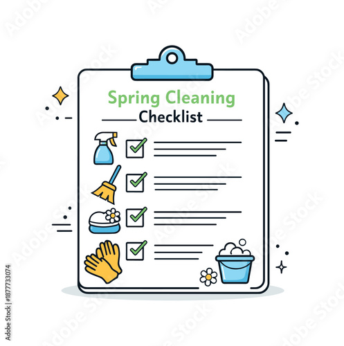 Spring Cleaning Checklist Icon. Spring cleaning checklist icon. Simple clipboard with checkmarks and small cleaning symbols, expressing organization and
