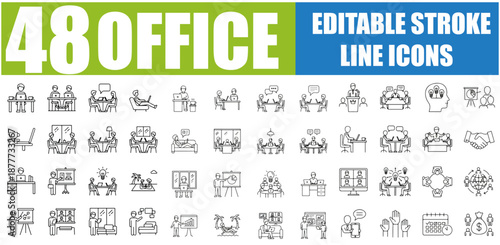 Set of 48 Workspace Thin Line Icons - Corporate Workplace, Coworking Space, Business Workflow and Management Outline Vector Bundle - Pixel Perfect Linear Pictogram Pack with Editable Stroke, SEO Optim