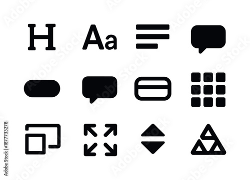 UI Icon Grid. UI text hierarchy. Solid icon set of UI text hierarchy: heading icon, subheading icon, body text icon, caption icon, button label, tooltip icon,