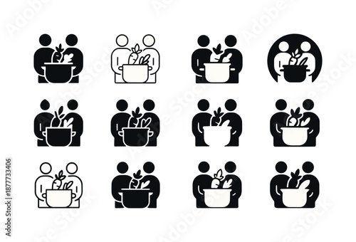 Family Meal Icons. Cooking a family meal with fresh ingredients. Icon set. Set Logo of cooking a family meal with fresh ingredients: shared meal symbol.