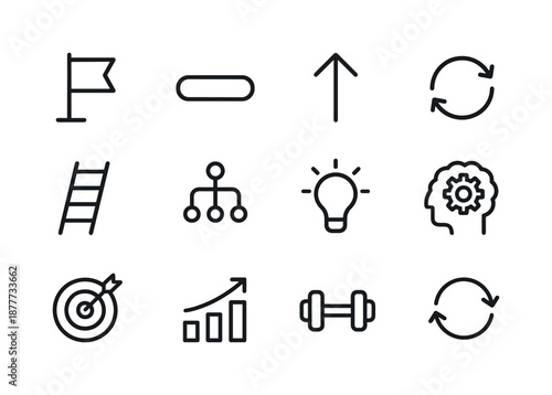 Learning Icons Set. Learning a new skill. Line icon set of learning process: goal flag, progress bar, upward arrow, repeat icon, step ladder, skill tree, light