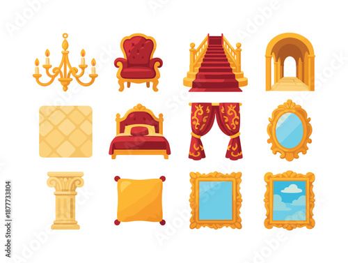 Colorful Luxury Interiors Icons. Luxury interiors. Colorful flat vector icons set of luxury interiors: golden chandelier, red velvet chair, palace staircase,