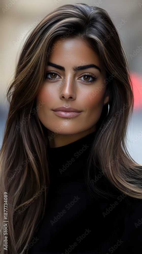 Naklejka premium Young Middle Eastern woman with highlighted brown hair wearing black turtleneck sweater looking at camera with confident expression and natural makeup.