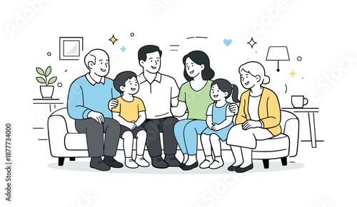 Family Harmony Gathering. Multigenerational family. Grandparents, parents, and children sitting together in a living room, calm conversation and shared smiles.