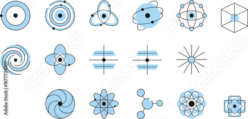 Atomic structure icons, molecular orbitals, electron models, chemistry symbols, science graphics, physics illustrations, stylized atomic diagrams, educational visuals
