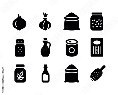 Kitchen Pantry Icons. Kitchen pantry. Solid icon set of kitchen pantry: onion, garlic bunch, flour bag, rice jar, spice container, oil bottle, canned goods,