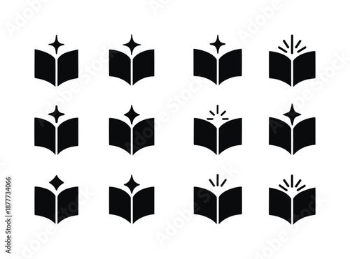 Profound Insight Icons. Profound insight. Icon set. Set Logo of Profound insight: Open book with rising spark: Abstract geometric, Symmetrical form, Filled