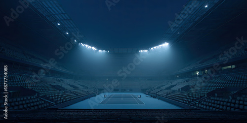 Blue lit tennis stadium with empty spectator seats and court