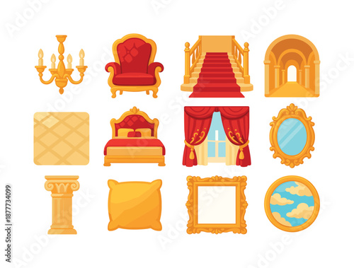 Colorful Luxury Interiors Icons. Luxury interiors. Colorful flat vector icons set of luxury interiors: golden chandelier, red velvet chair, palace staircase,