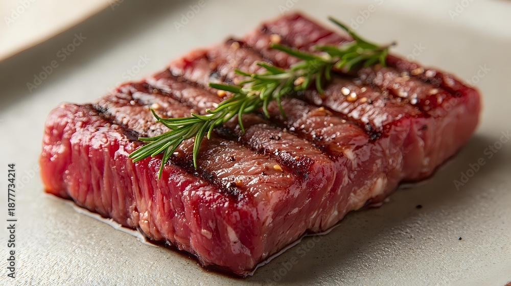 Fototapeta premium Fresh raw beef steaks with rosemary herbs on cutting board ready for grilling or cooking in kitchen preparation for gourmet meal.