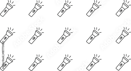 Flashlight pattern background, glowing torch icons, seamless grid design, light beam illustration, electric lamp wallpaper, vector repeat