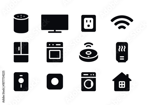 Smart Home Icons. Smart home devices. Solid icon set of smart home devices: smart speaker, smart TV, connected plug, Wi-Fi symbol, smart fridge, smart oven,