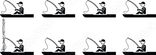 Fishing boat silhouette icon, outdoor activity, angler graphic, black and blue design, hobby, recreation, seamless pattern illustration