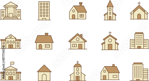 Flat style building icons, houses, churches, schools, offices, urban architecture symbols, city planning, municipal design illustrations, vector set