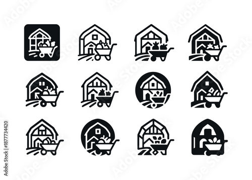 Farm Greenhouse Logos. A small farm with a hand-built greenhouse for growing vegetables. Icon set. Set Logo of A small farm with a hand-built greenhouse for