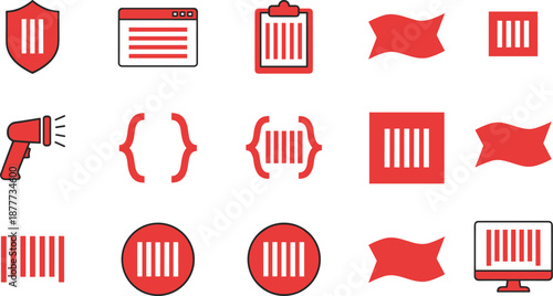 Red and Blue Barcode, Shield, Clipboard, Curly Braces, Flag, Megaphone, UI Icons for Web, App, Interface Design
