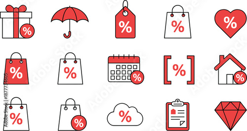 Red and White Discount Icons, Shopping Symbols, Percentage Signs, Promotional Marketing Elements, Retail Sale Design, Vector Graphics