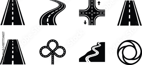 Road icons set, highway symbols, intersection graphics, curved paths, roundabout signs, transportation vector, black and white illustrations