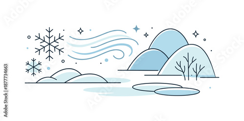 Minimalist Winter Scene. Frost and stillness concept. Abstract winter scene with minimal shapes representing frost patterns and frozen air, clean modern