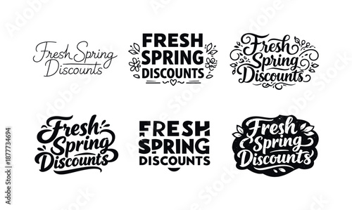 Spring Discounts Lettering Grid. Fresh Spring Discounts. Set lettering. harmonious lettering variations of the same emblematic concept, each with different