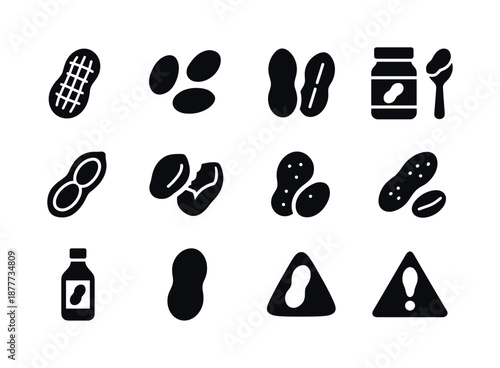 Peanut Icon Set. Peanuts. Solid icon set of peanuts: whole peanut shell, shelled peanuts, peanut halves, peanut butter jar, peanut butter spoon, peanut pod,
