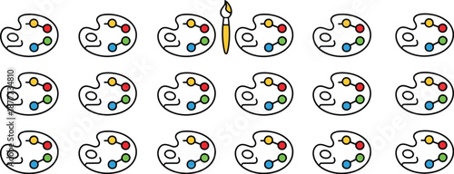 Seamless artist palette and paintbrush pattern, colorful creative art supplies background illustration for design projects digital graphic wallpaper