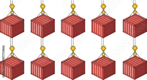 Shipping containers hanging on crane hooks, industrial cargo transport, logistics illustration, isometric vector for global freight operations