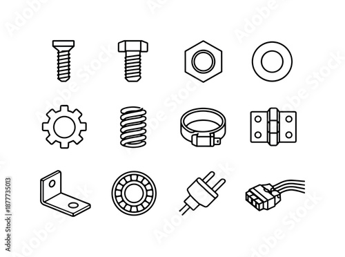 Assembly Component Icons. Assembly components. Line icon set of Assembly components: screw, bolt, nut, washer, gear, spring, clamp, hinge, bracket, bearing,