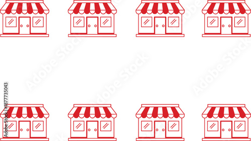 Small business storefront icons, red striped awnings, retail shop graphics, commercial facade illustration, urban shopping design elements