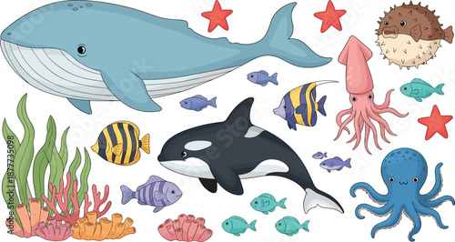 Cute sea animals vector set with whale, orca, squid, octopus, fish and coral for ocean life and underwater cartoon illustration design isolated on white background