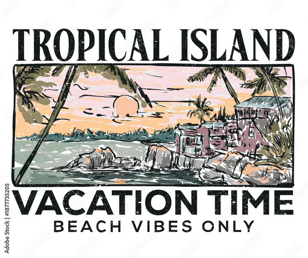 Fototapeta premium Tropical island artwork. Palm tree vector design. Welcome to paradise. Summer vibes graphic print design. Summer vacation time artwork.