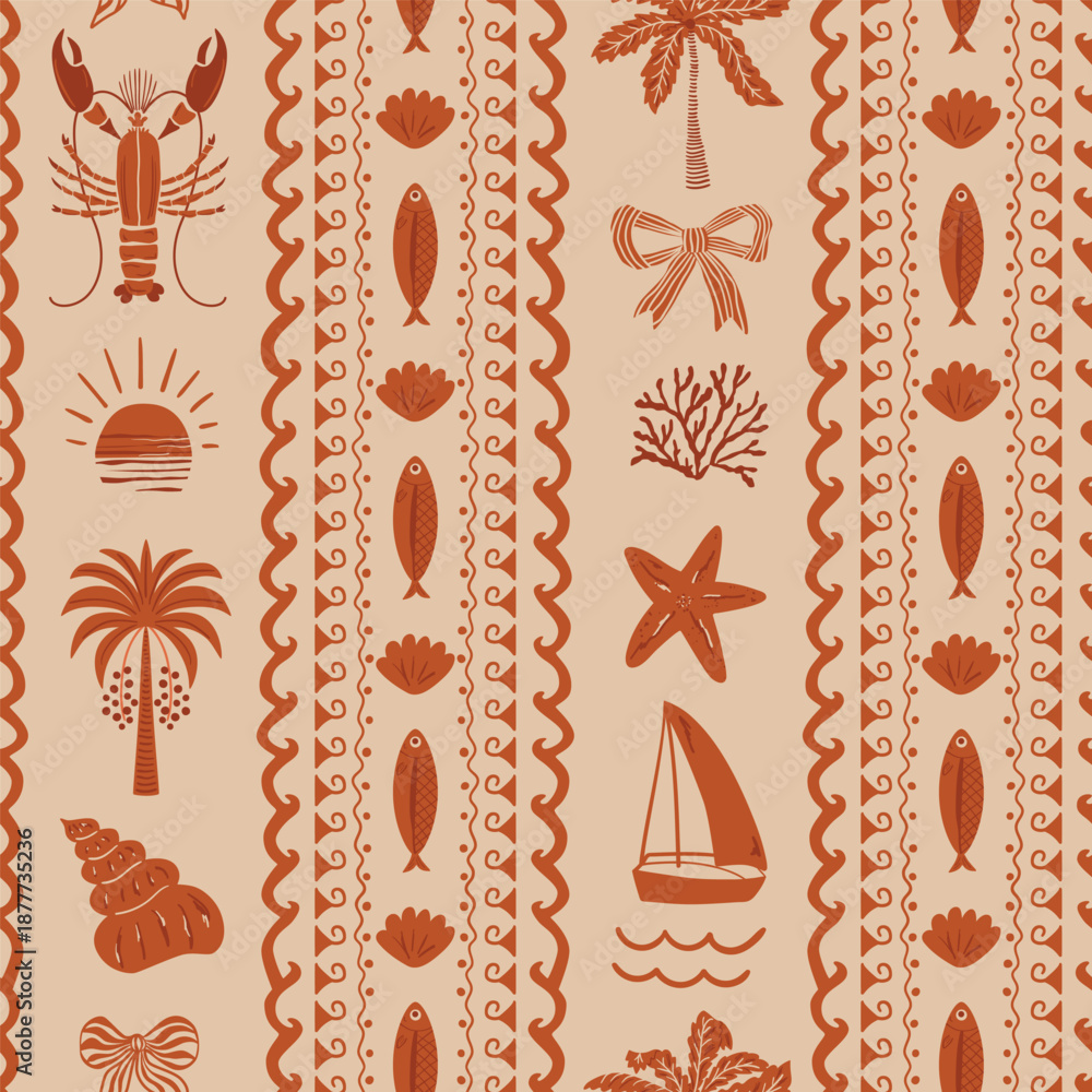 Fototapeta premium Brown tropical striped seamless pattern with lobster, palm tree, sailboat, bows. Boho summer vacation repeat background. Vector hand drawn nautical wallpaper, print, textile design, wrap paper, fabric