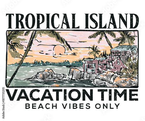 Tropical island artwork. Palm tree vector design. Welcome to paradise. Summer vibes graphic print design. Summer vacation time artwork.