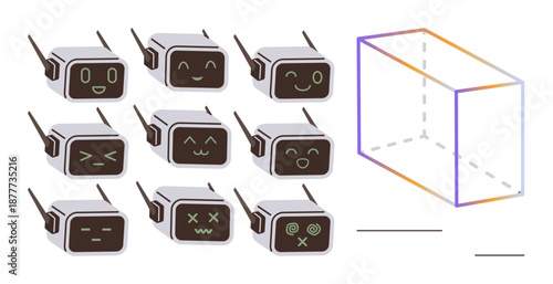 Robotics, expressions, communication, emotions, AI design, technology education. Nine robot faces with diverse expressions next to a colorful geometric cube frame. Robotics and expressions concepts