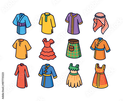 Traditional Garments Icons. Traditional garments. Colorful isometric vector icons set of traditional garments: yukata, kurta, kaftan, keffiyeh, boubou robe,