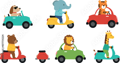 Cute animal driving vehicles vector set with cartoon zoo characters riding cars and scooters for kids, transport and playful illustration design isolated on white background