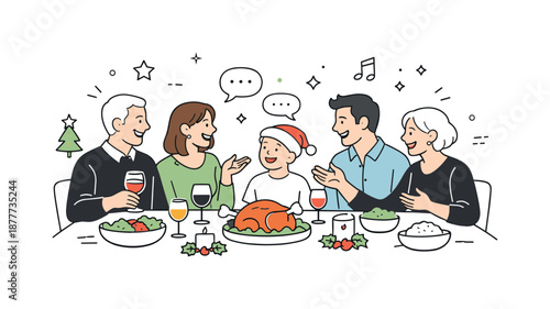 Joyful Christmas Gathering. Family dinner at Christmas conversation. Family members talking and laughing while seated at the table. Relaxed mood, connection