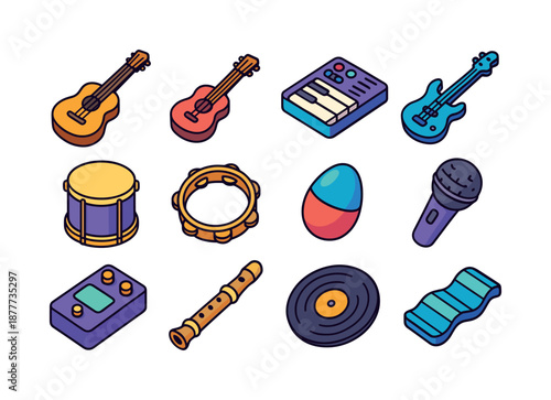 Indie Instrument Icons. Indie instruments. Colorful isometric vector icons set of indie instruments: acoustic guitar, ukulele, synth keys, bass guitar, tom