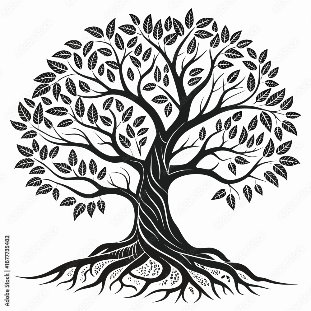 Obraz premium Intricate black and white design of a majestic tree with deep roots
