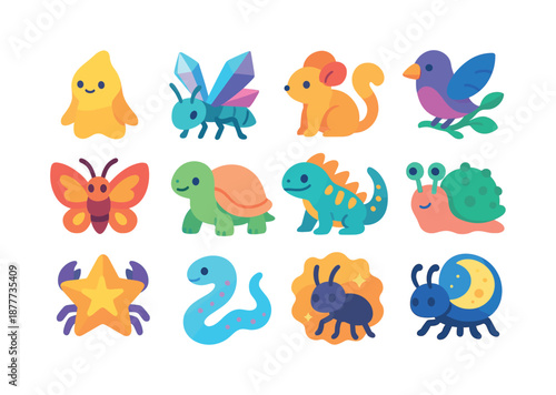 Fantasy Valley Creatures. Fantasy valley life. Colorful flat vector icons set of fantasy valley life: gentle valley spirits, crystal insects, glow rodents,