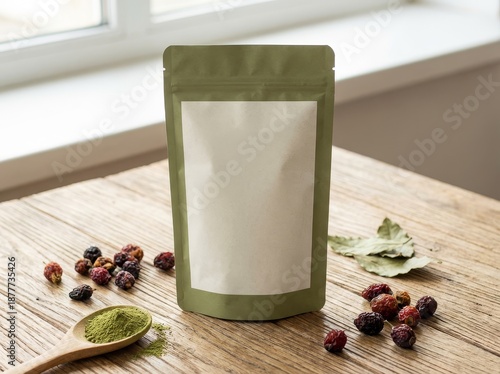 Green packaging pouch with blank label and herbal ingredients on table