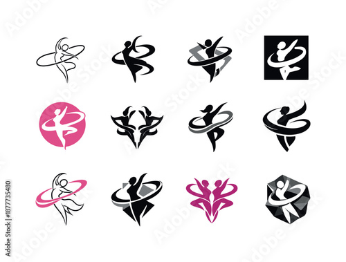 Dance Icon Variations. Dance. Icon set. Set Logo of dance: rhythmic ribbon swirl. harmonious logo variations of the same emblematic concept, each