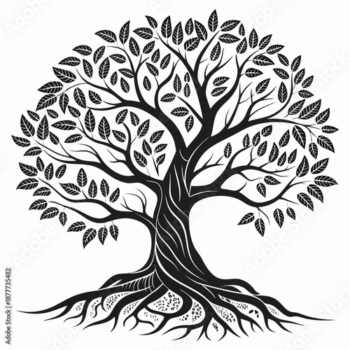 Intricate black and white design of a majestic tree with deep roots