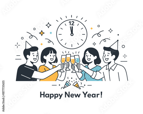 New Year Cheers. Friends celebrating New Year together. A group of friends raising glasses and smiling as the clock strikes midnight. Warm celebration, shared