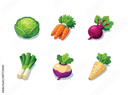 Winter Vegetable Icons. Winter Vegetables. Isometric flat vector icons set of winter vegetables: cabbage head, carrot bunch, beetroot, leek stalks, turnip,