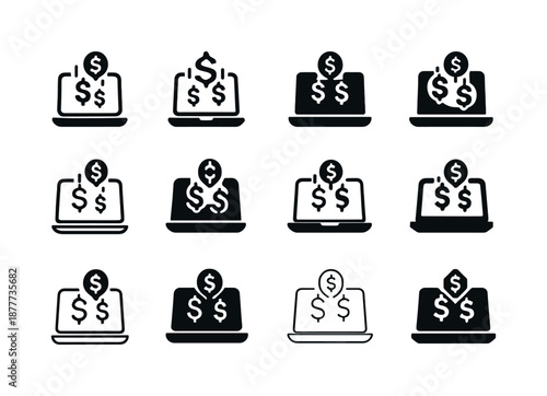 Remote Income Icons. passive income streams remotely. Icon set. Set Logo of passive income streams remotely: money streaming from laptop. harmonious logo